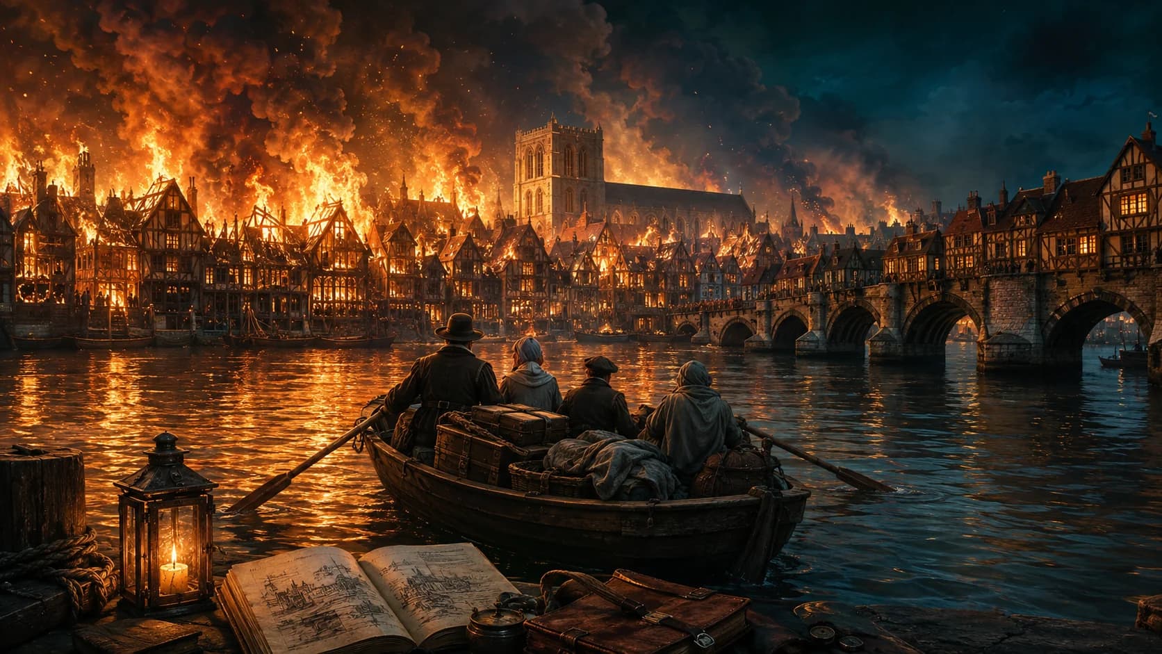 Illustrated Great Fire of London adventure: the city beside the Thames in 1666.