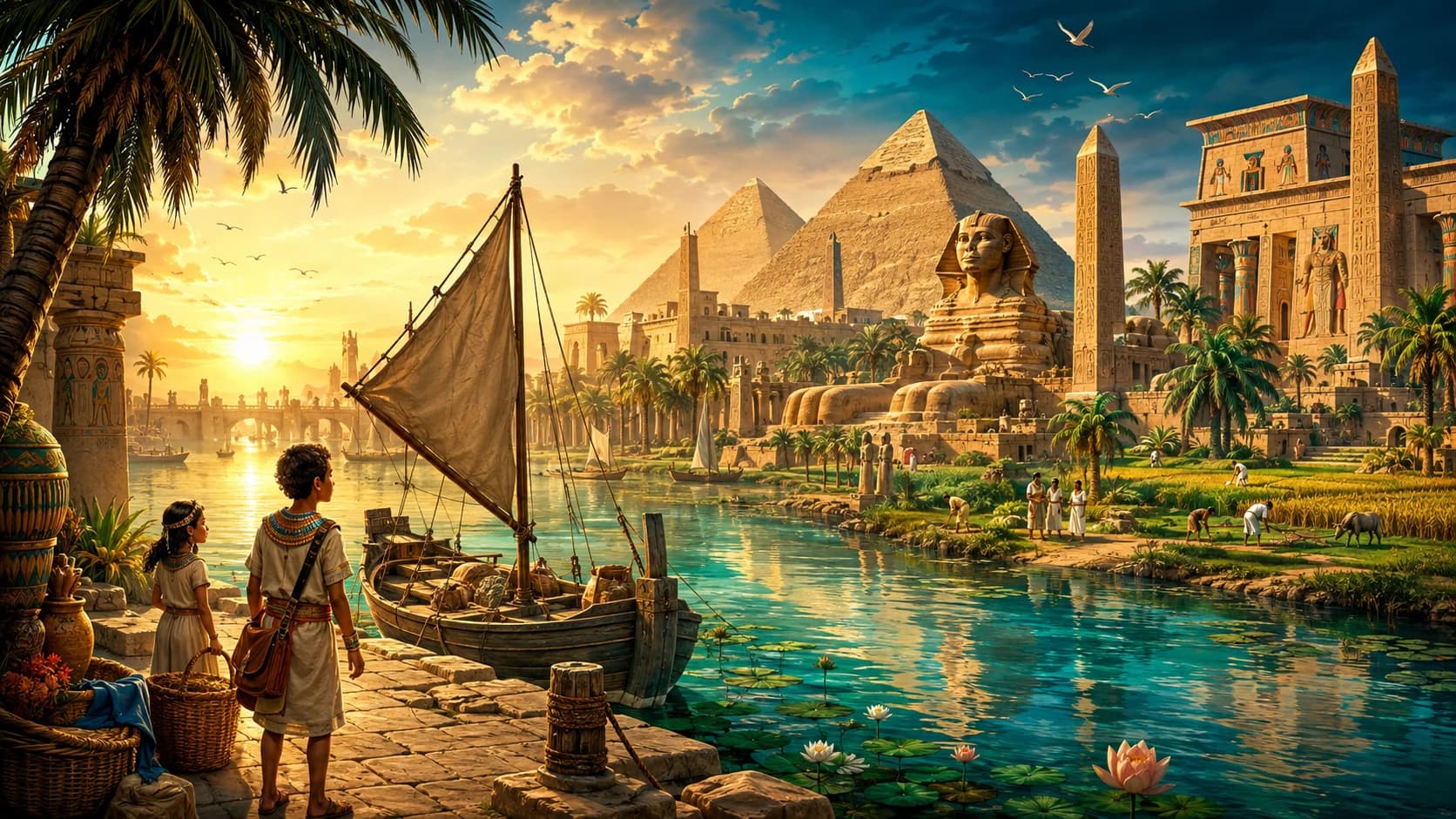 Illustrated Ancient Egyptian adventure beside the Nile and pyramids.
